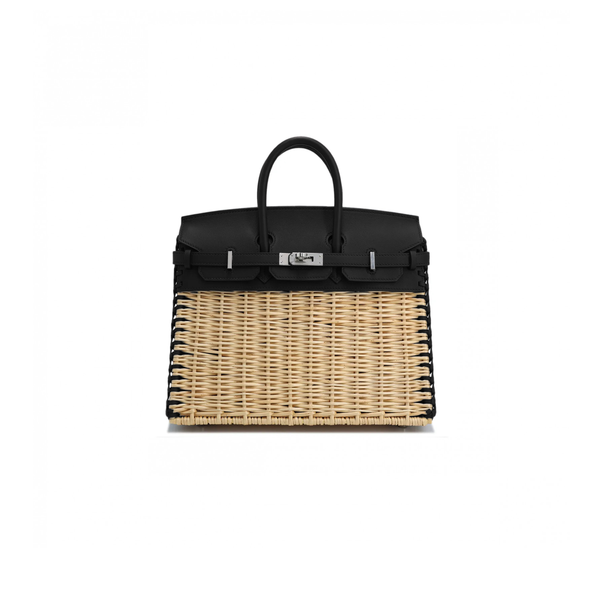 H**mes master birkin 25 picnic bag black swift leather and woven wicker h082668ck03 (25*20*13cm)